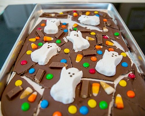 Easy Halloween Milk Chocolate Bark with Boo Toppings