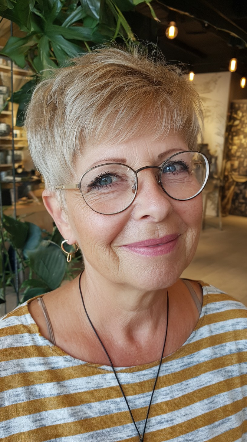 Cortes elegantes de Pixie para mulheres com mais de 70 anos com óculos | Tendências para 2026 