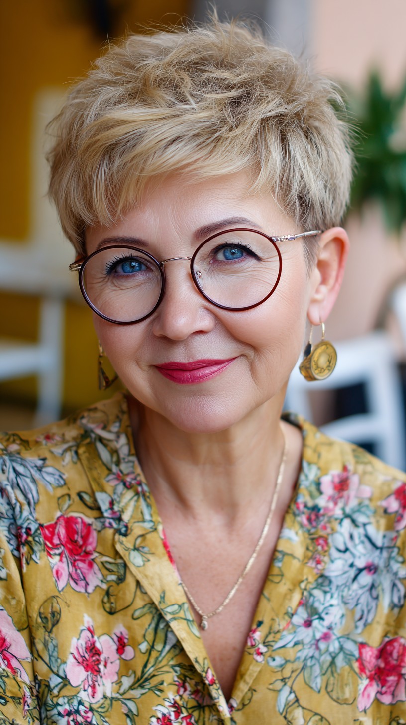 Coupes Pixie pour les femmes de plus de 50 ans avec des lunettes :plus de 50 idées élégantes 