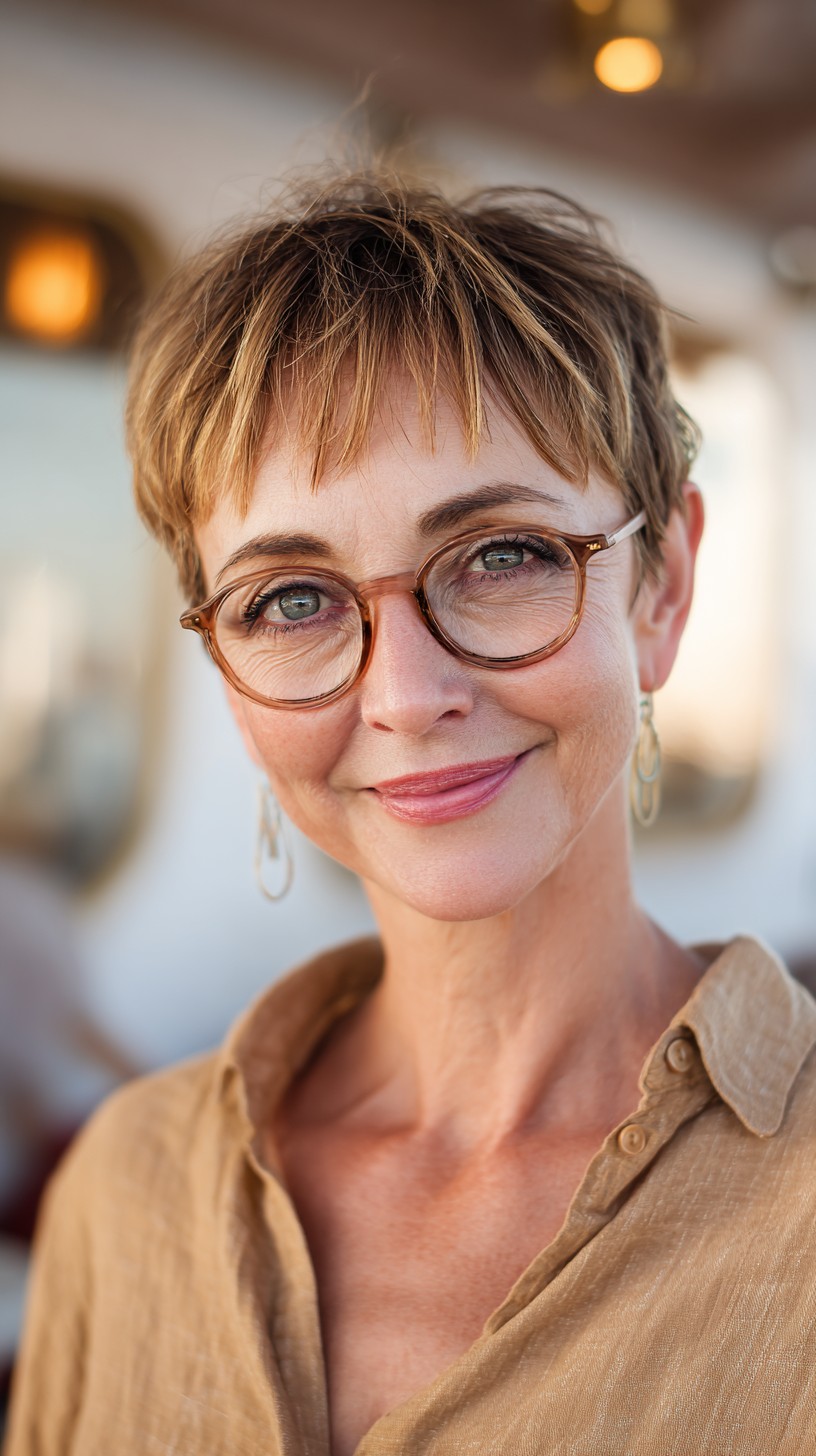 Coupes Pixie pour les femmes de plus de 50 ans avec des lunettes :plus de 50 idées élégantes 