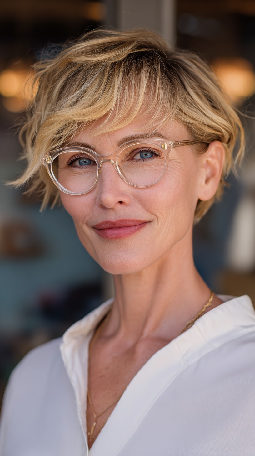Coupes Pixie pour les femmes de plus de 50 ans avec des lunettes :plus de 50 idées élégantes 