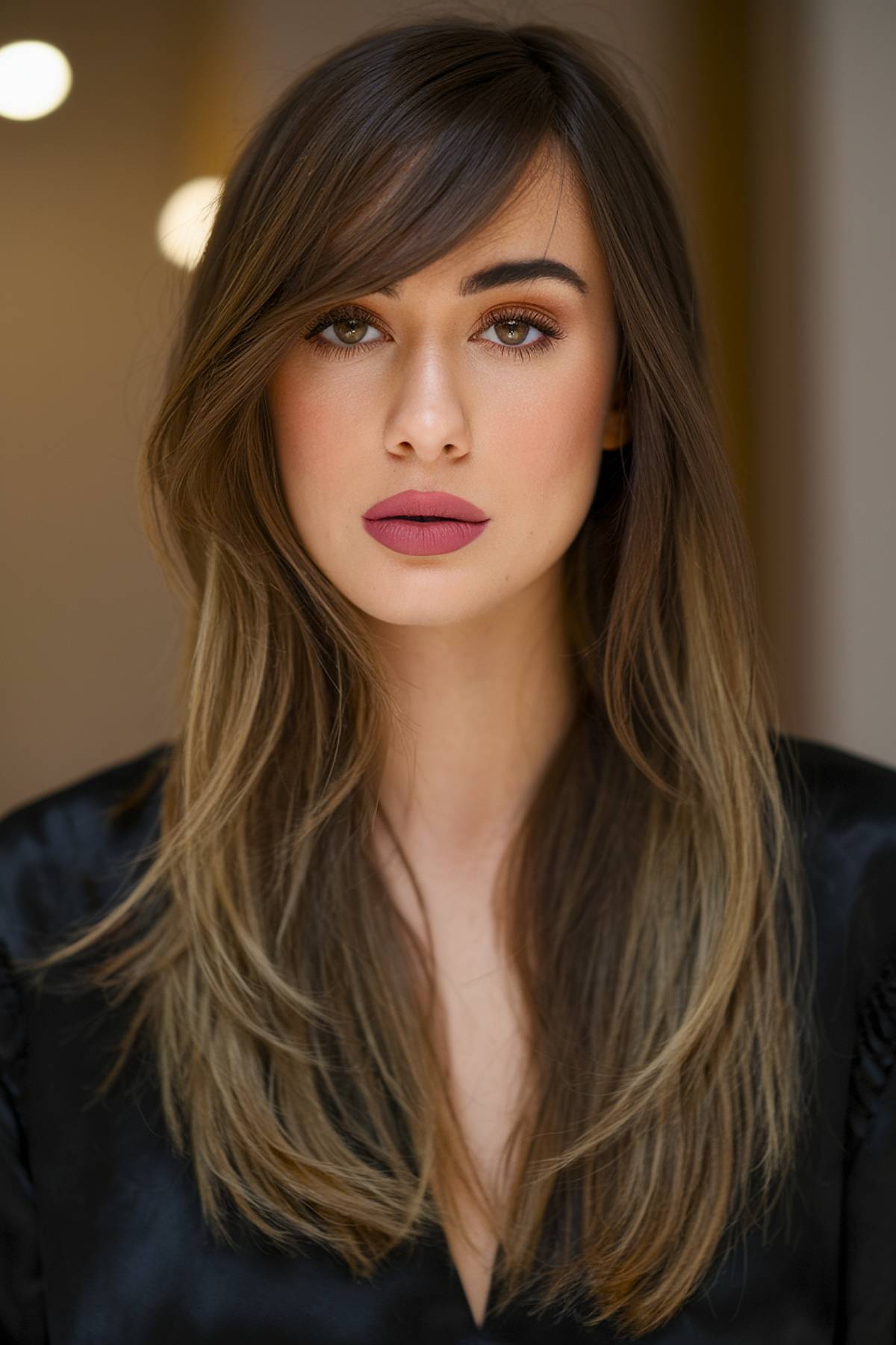 Coupes de cheveux longues en couches avec frange latérale :tendances et styles 2026