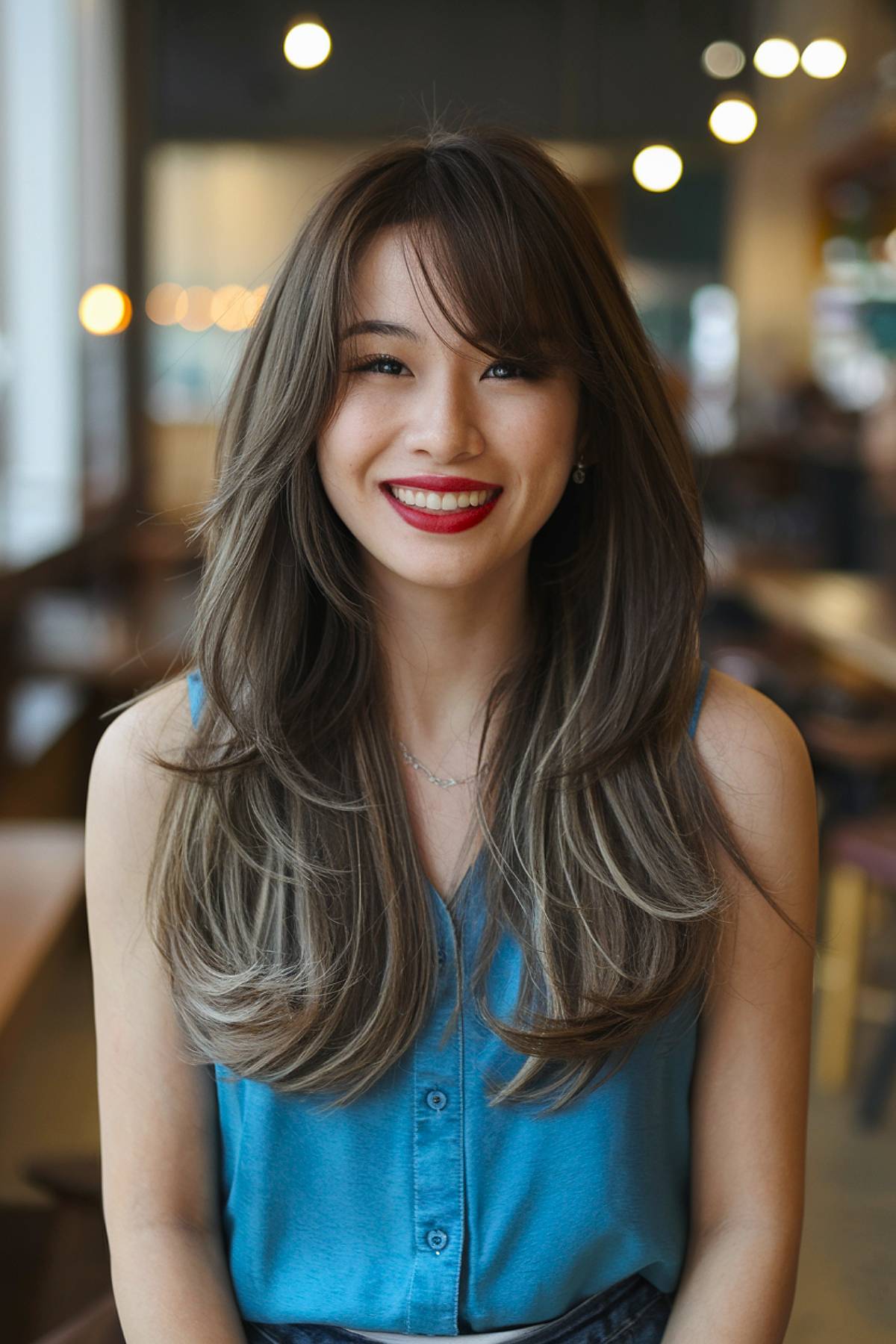Coupes de cheveux longues en couches avec frange latérale :tendances et styles 2026