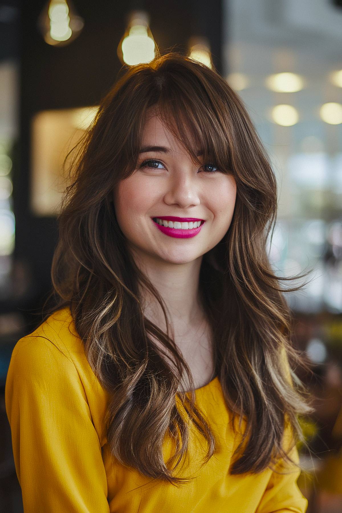 Coupes de cheveux longues en couches avec frange latérale :tendances et styles 2026